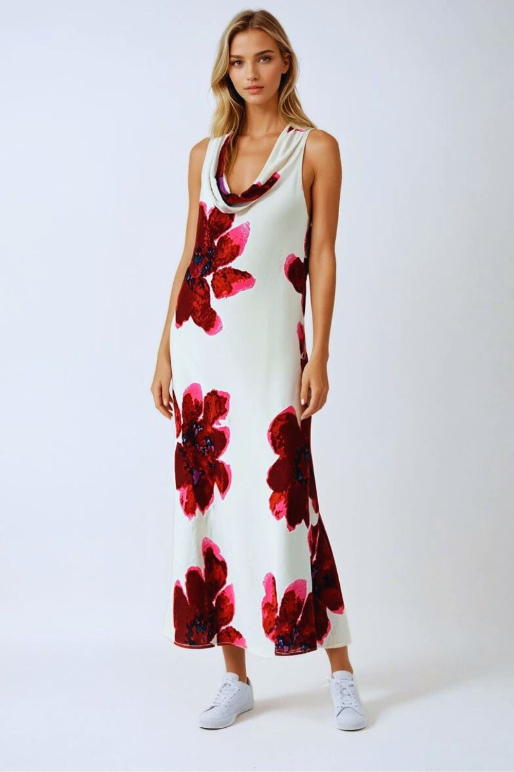 Q2 Vestido maxi vermelho sem mangas e esvoaçante com estampa floral