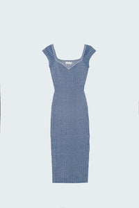 Q2 Vestido midi azul justo com mangas curtas em tecido canelado grosso
