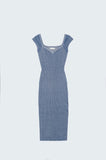 Q2 Vestido midi azul justo com mangas curtas em tecido canelado grosso