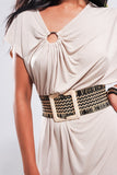Vestido midi bege com detalhe de anel