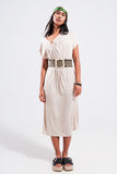 Vestido midi bege com detalhe de anel
