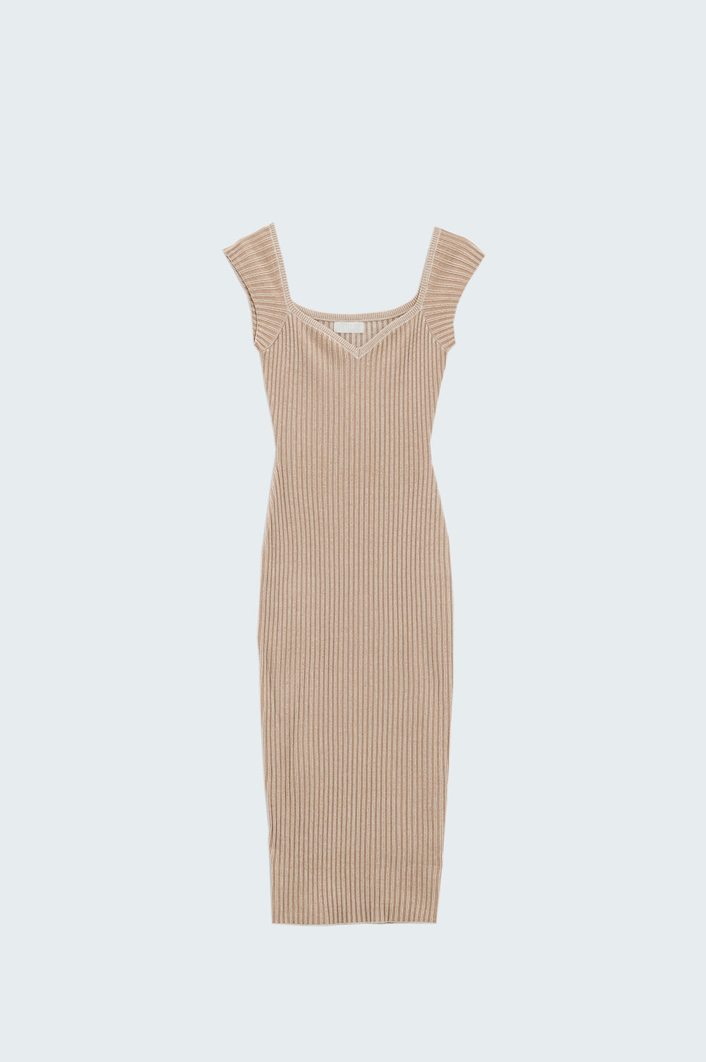 Q2 Vestido midi bege com nervuras grossas e mangas curtas