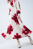 Vestido midi bege transpassado com estampa floral tropical vermelha e mangas compridas