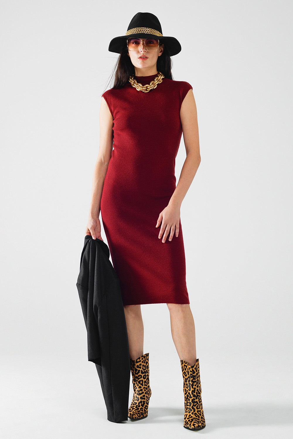 Q2 vestido midi bodycon sem mangas vinho