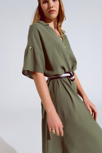 Vestido midi caqui com botões mangas curtas e cinto a condizer