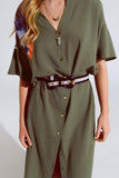 Vestido midi caqui com botões mangas curtas e cinto a condizer