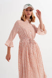 Vestido midi com estampado floral de coral com pescoço alto e botões