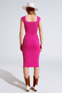 Vestido midi cor-de-rosa com nervuras grossas e mangas curtas