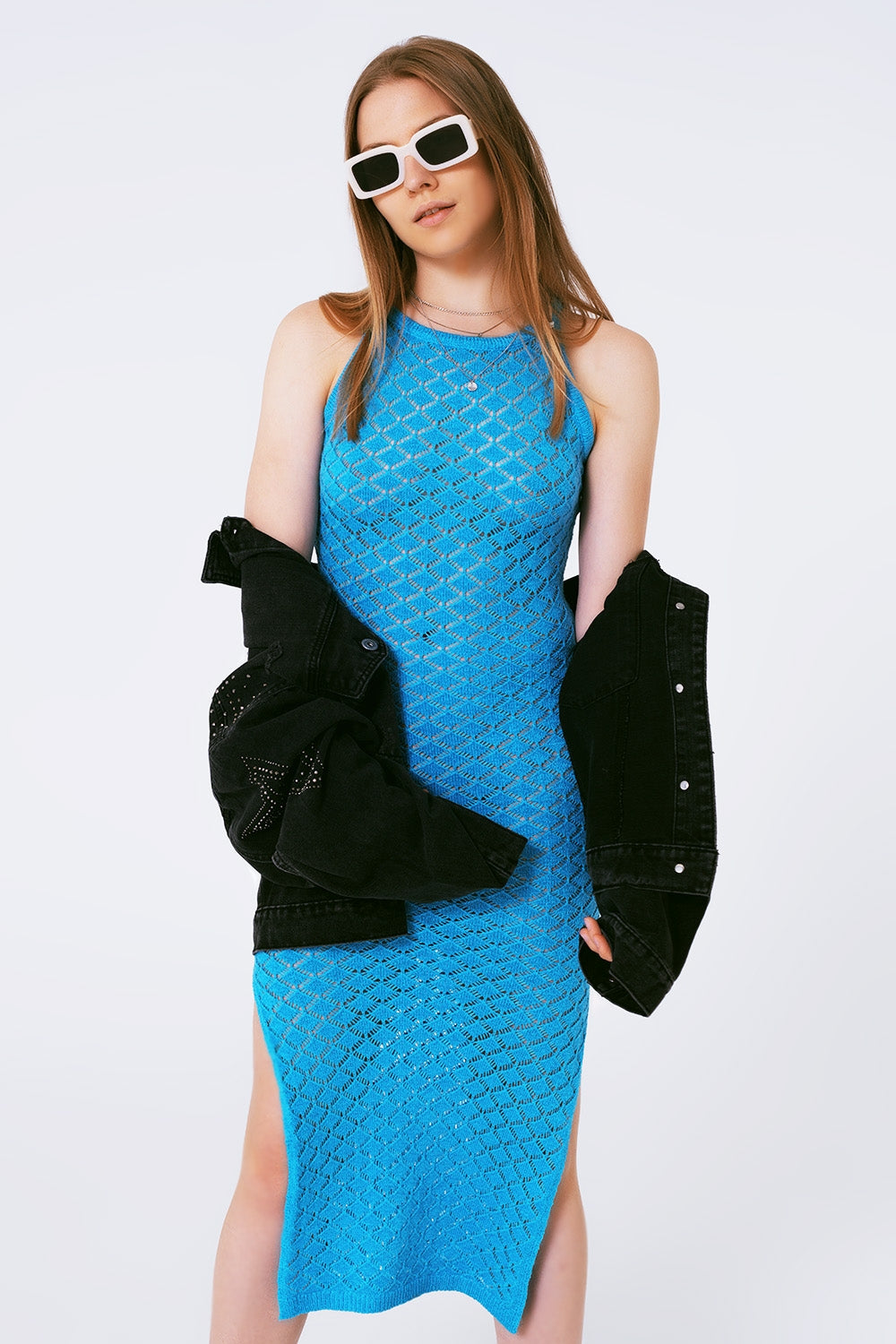 Q2 Vestido midi de crochê única azul