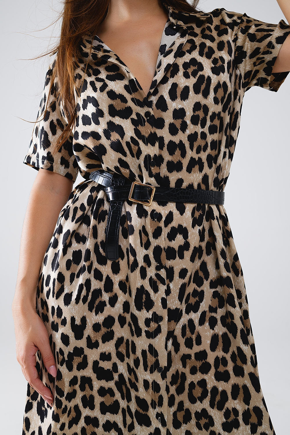 Vestido midi de manga curta com camisa e cinto em estampado leopardo