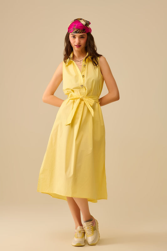 Q2 Vestido midi de popelina amarelo com botões prateados em forma de coração