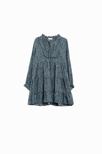 Q2 Vestido Midi em azul com estampado animal preto e mangas compridas