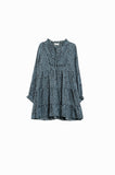 Q2 Vestido Midi em azul com estampado animal preto e mangas compridas