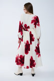 Vestido midi envolvente bege com estampado floral tropical vermelho e mangas compridas