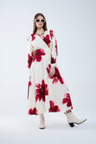 Q2 Vestido midi envolvente bege com estampado floral tropical vermelho e mangas compridas