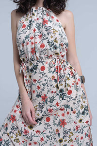Vestido midi floral bege com gola alta e aberturas