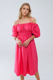 Vestido midi fuchsia com mangas curtas e alças