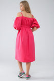 Vestido midi fuchsia com mangas curtas e alças