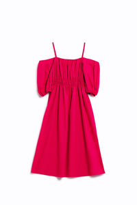 Vestido midi fuchsia com mangas curtas e alças