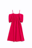 Vestido midi fuchsia com mangas curtas e alças