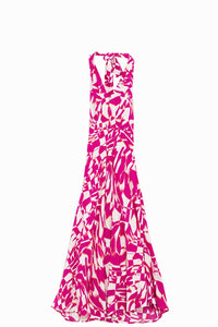 Vestido Midi Halter com cintura subida em estampado abstrato fuchsia e branco