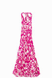 Vestido Midi Halter com cintura subida em estampado abstrato fuchsia e branco