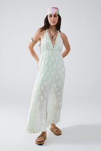 Q2 Vestido Midi Halter com estampado de folhas de hortelã e pormenores em lurex