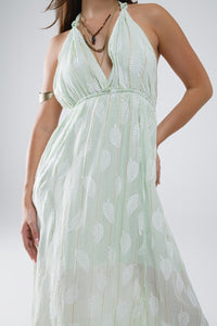 Vestido Midi Halter com estampado de folhas de hortelã e pormenores em lurex