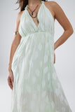 Vestido Midi Halter com estampado de folhas de hortelã e pormenores em lurex