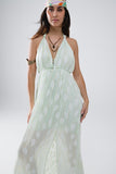 Vestido Midi Halter com estampado de folhas de hortelã e pormenores em lurex