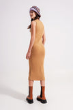 Vestido midi nervurado com decote redondo em bege