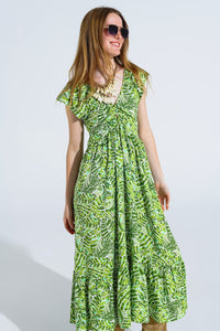Vestido midi romântico com mangas curtas e folhos em estampado de folhas verdes