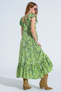 Vestido midi romântico com mangas curtas e folhos em estampado de folhas verdes
