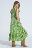 Vestido midi romântico com mangas curtas e folhos em estampado de folhas verdes