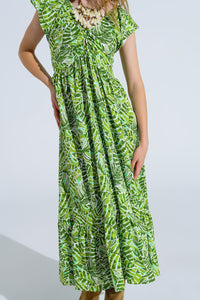 Vestido midi romântico com mangas curtas e folhos em estampado de folhas verdes