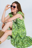 Q2 Vestido midi romântico com mangas curtas e folhos em estampado de folhas verdes