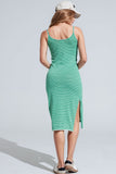 Vestido Midi verde com riscas e tiras de esparguete