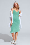Vestido Midi verde com riscas e tiras de esparguete