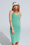 Q2 Vestido Midi verde com riscas e tiras de esparguete