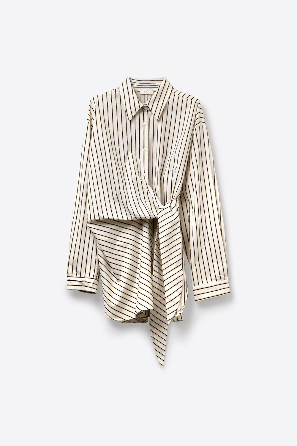 Vestido Mini Branco com Listras e Frente Transpassada de Manga Longa
