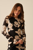 vestido mini de chiffon preto com brocado floral