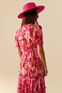 Vestido Romântico Maxi em Camadas com Estampa Floral de Chiffon em Rosa