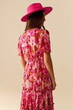 Vestido Romântico Maxi em Camadas com Estampa Floral de Chiffon em Rosa