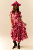 Vestido Romântico Maxi em Camadas com Estampa Floral de Chiffon em Rosa