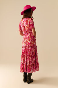 Vestido Romântico Maxi em Camadas com Estampa Floral de Chiffon em Rosa