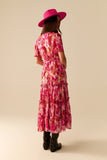 Vestido Romântico Maxi em Camadas com Estampa Floral de Chiffon em Rosa