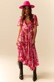 Q2 Vestido Romântico Maxi em Camadas com Estampa Floral de Chiffon em Rosa