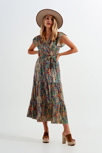 Q2 Vestido semi-longo com estampado de paisley e rufos na bainha em verde