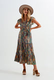 Q2 Vestido semi-longo com estampado de paisley e rufos na bainha em verde