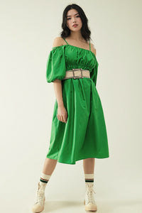 Q2 Vestido verde Midi com mangas curtas e alças